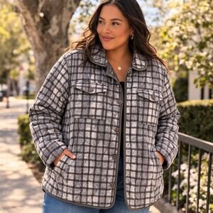 TERRA & SKY Gray Plaid Quilted Shacket Jacket Size XXXL(22) Gorpcore Cabin